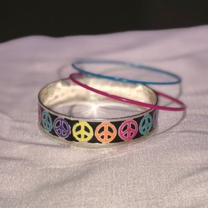 Peace Sign Pink & Blue Bangle 3 Piece Bracelet Set